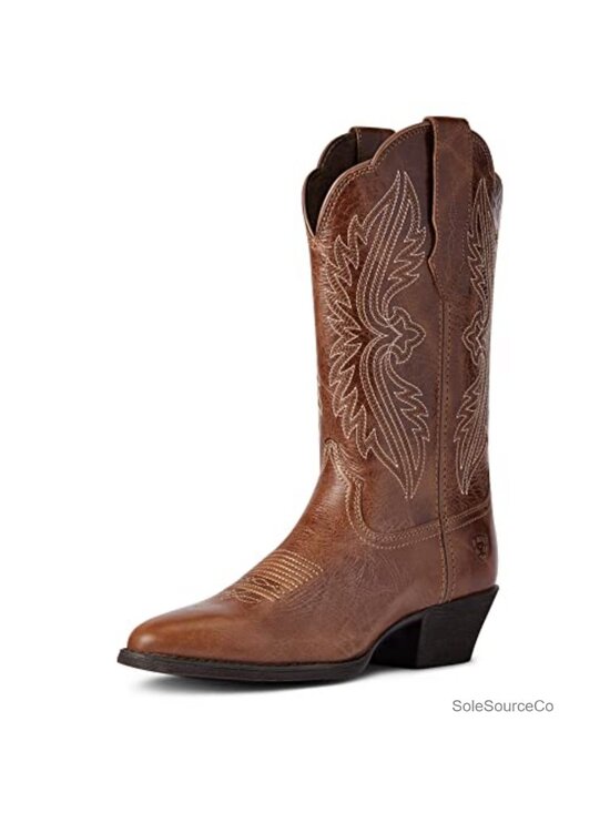 Shoes - Women's Leather Western Boots Mid Calf Pull On Embroidered Block Heel